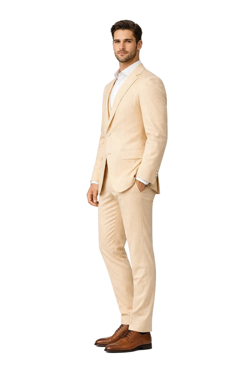 Men's  Notch Label Orange Colour Summer Seersucker Fabric Jacket and Pants 3 Piece Suit