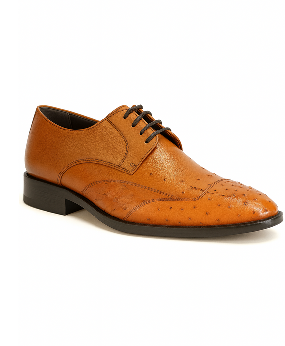 Mens Ostrich Skin Shoes Men's Full Leather Cognac Vestigium Genuine Ostrich Derby Shoes Handcrafted
