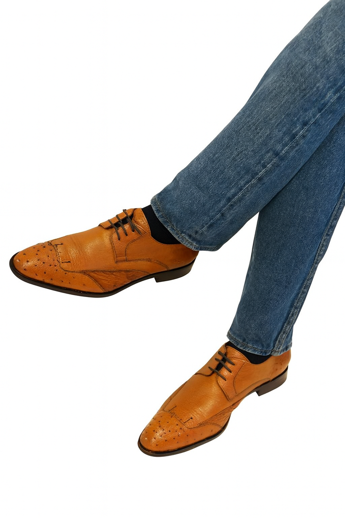 Mens Ostrich Skin Shoes Men's Full Leather Cognac Vestigium Genuine Ostrich Derby Shoes Handcrafted