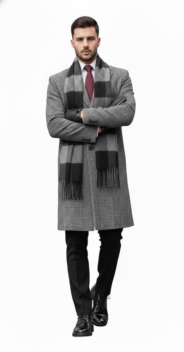 Mens Overcoat - Grey and Black Glen Plaid Carocat
