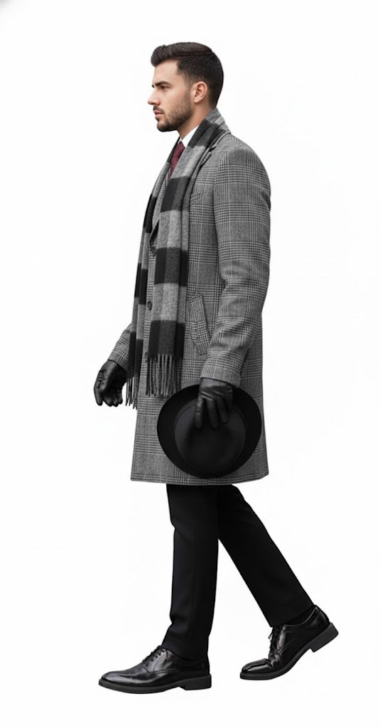 Mens Overcoat - Grey and Black Glen Plaid Carocat