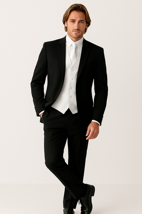 Package Deal High Quality 2-Button  Side Vented Super 120's Tuxedo + White Shirt+White Tie+White Vest