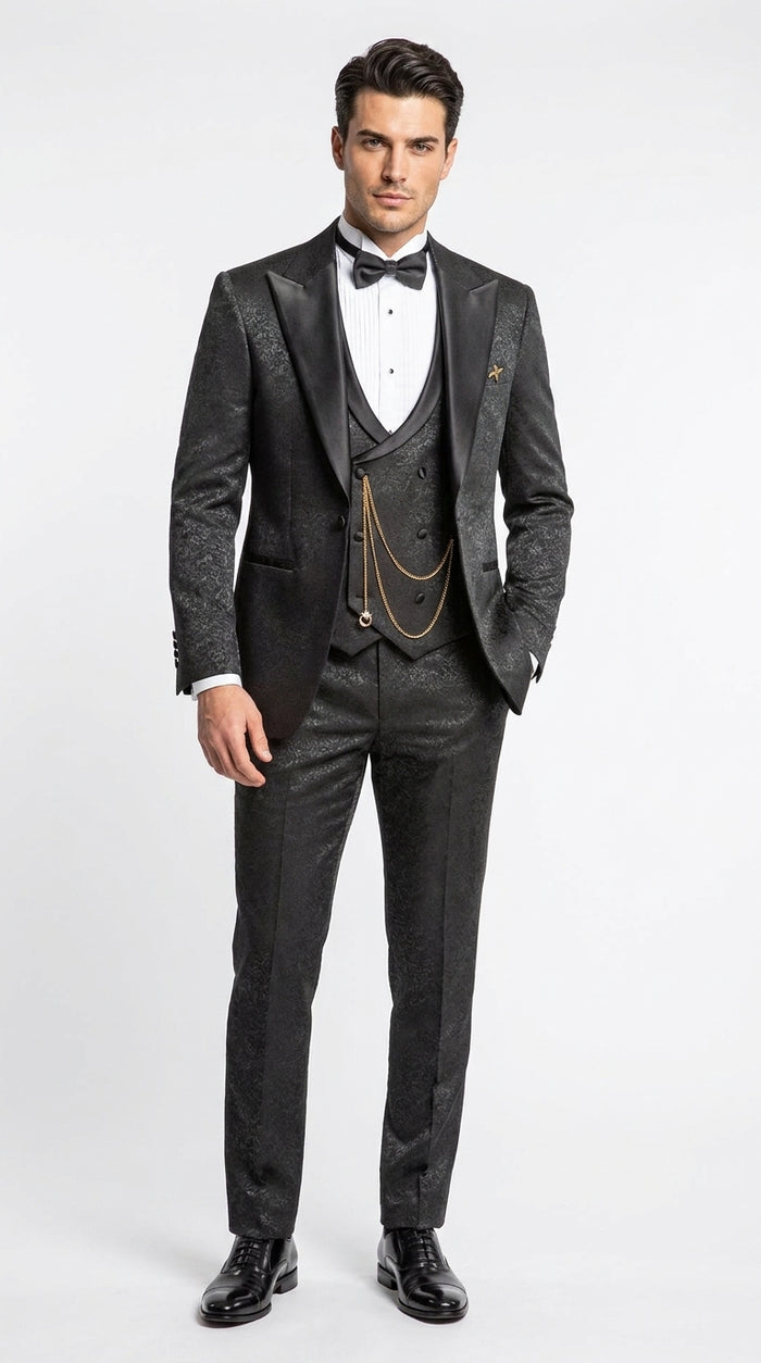 Mens Paisley Black Prom Tuxedo – 3-Piece Wedding Suit with Satin Peak Lapel & Double-Breasted Vest