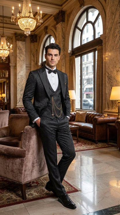 Mens Paisley Black Prom Tuxedo – 3-Piece Wedding Suit with Satin Peak Lapel & Double-Breasted Vest