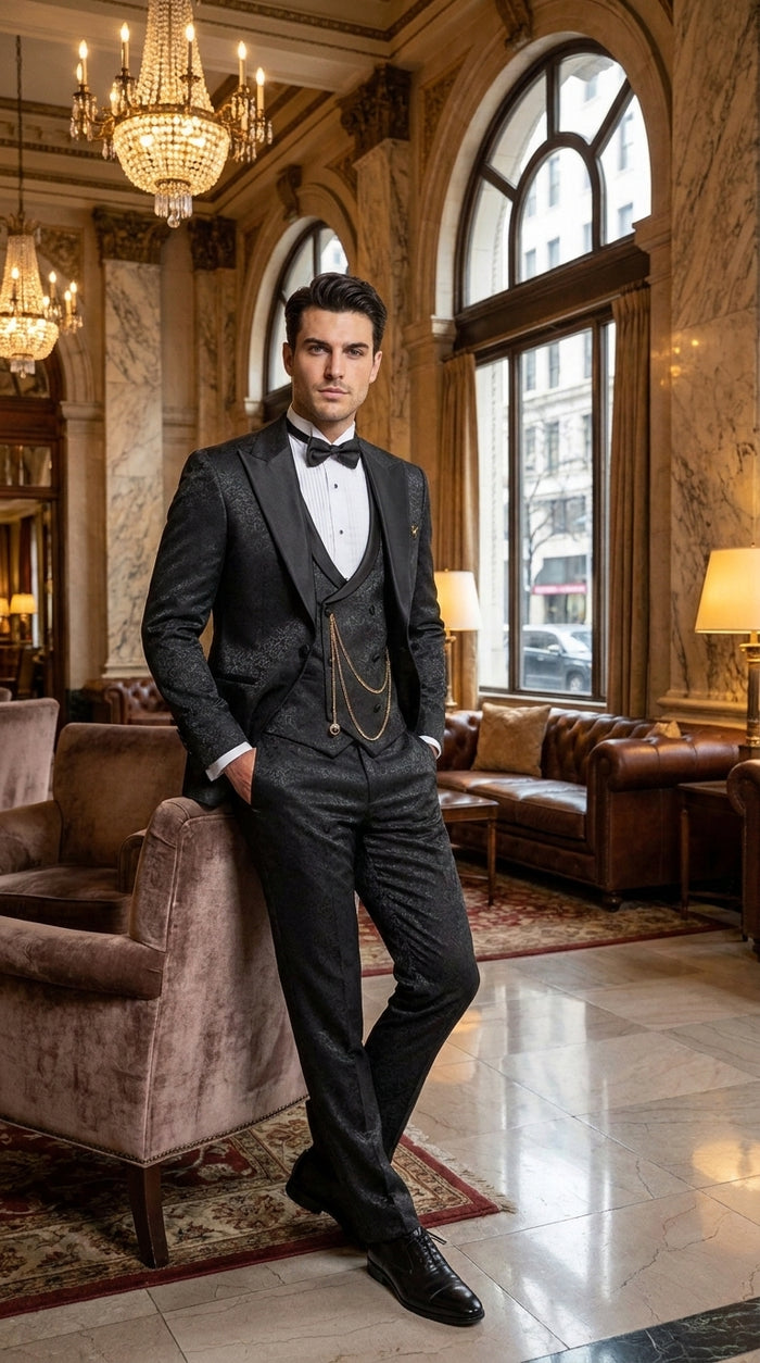 Mens Paisley Black Prom Tuxedo – 3-Piece Wedding Suit with Satin Peak Lapel & Double-Breasted Vest