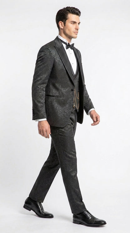 Mens Paisley Black Prom Tuxedo – 3-Piece Wedding Suit with Satin Peak Lapel & Double-Breasted Vest