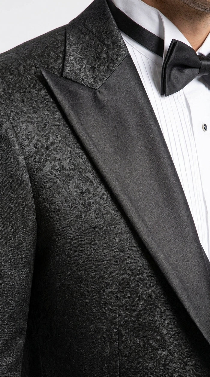 Mens Paisley Black Prom Tuxedo – 3-Piece Wedding Suit with Satin Peak Lapel & Double-Breasted Vest