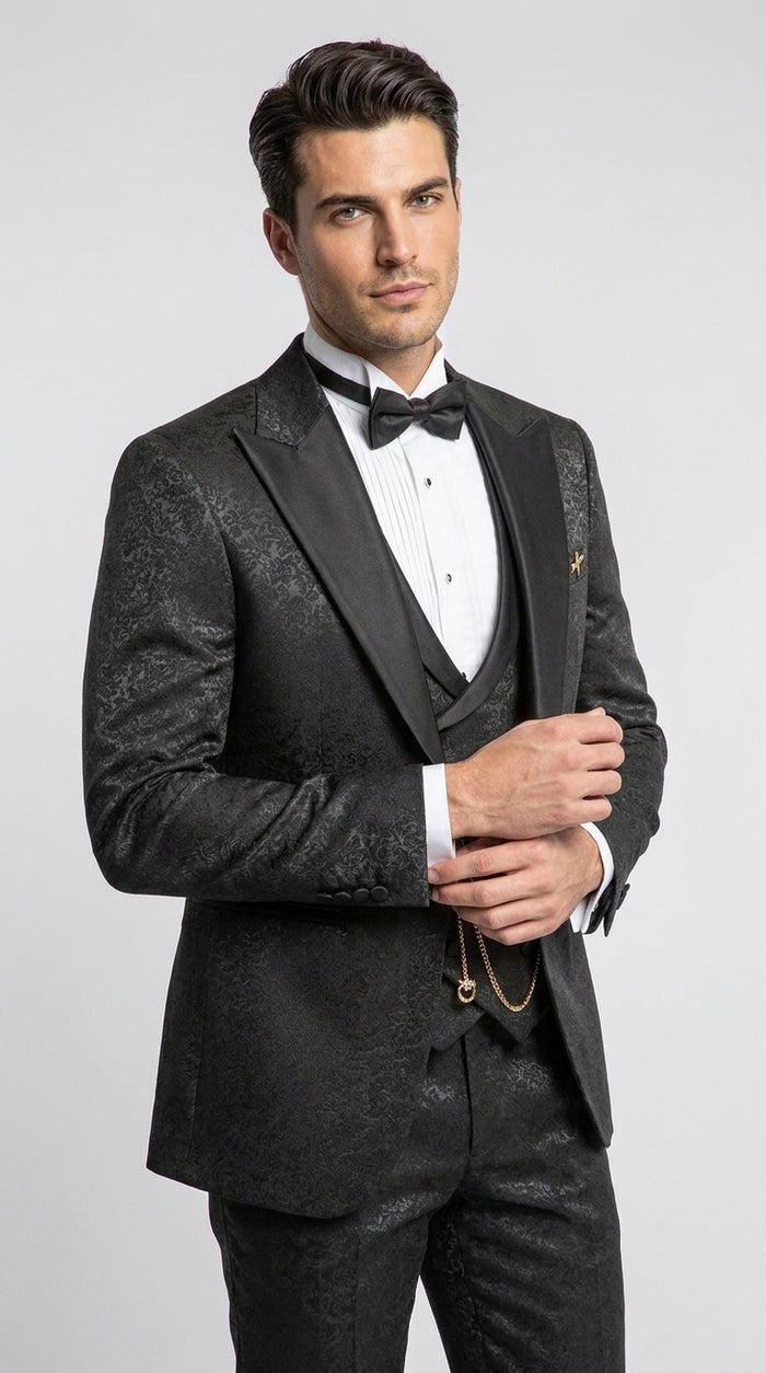 Mens Paisley Black Prom Tuxedo – 3-Piece Wedding Suit with Satin Peak Lapel & Double-Breasted Vest