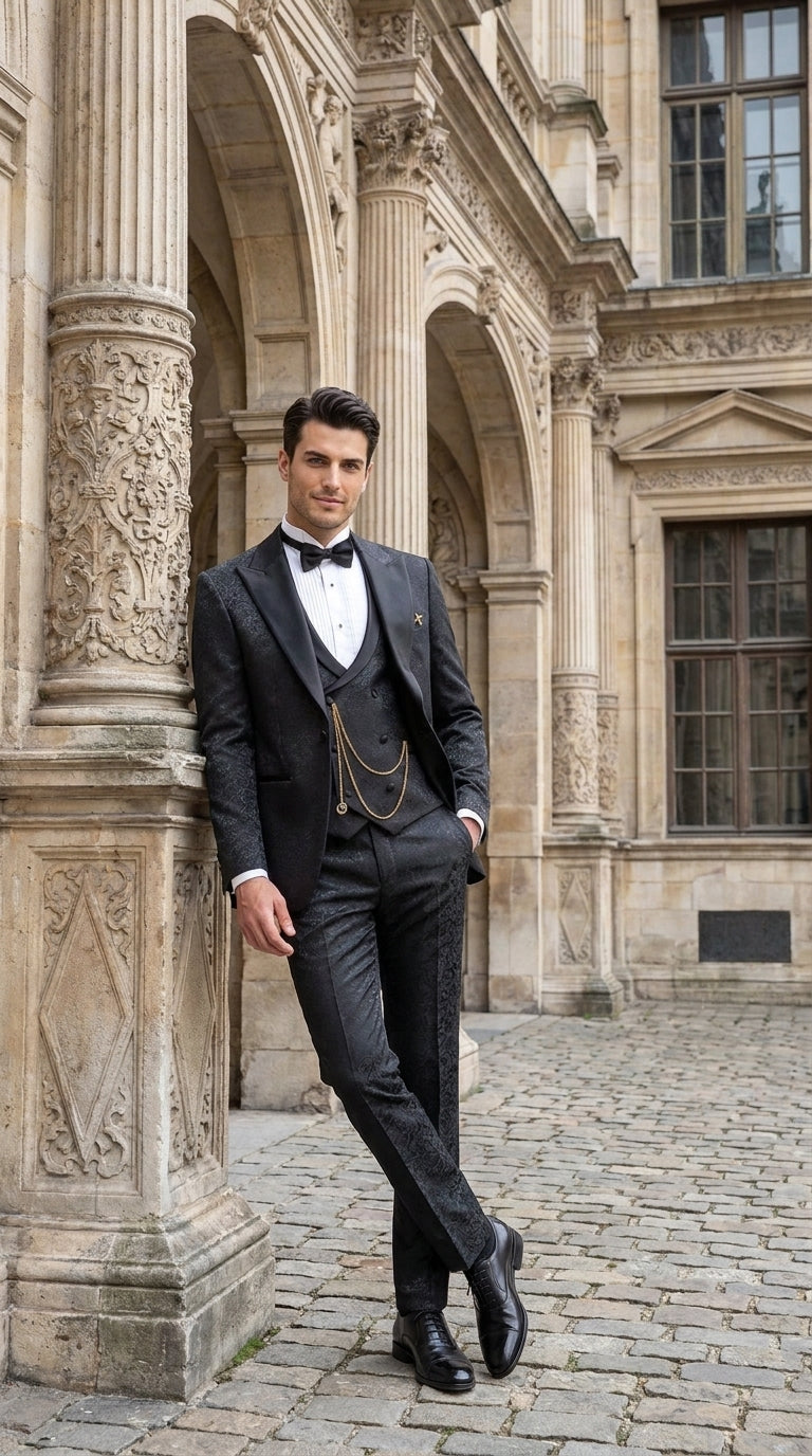 Mens Paisley Black Prom Tuxedo – 3-Piece Wedding Suit with Satin Peak Lapel & Double-Breasted Vest