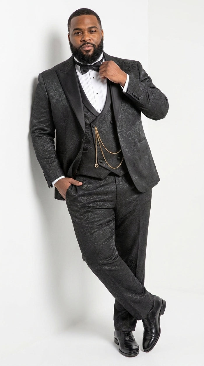 Mens Paisley Black Prom Tuxedo – 3-Piece Wedding Suit with Satin Peak Lapel & Double-Breasted Vest