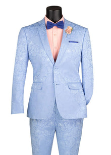 Mens Paisley Party Suit in Light Blue – Slim Fit Formal Style