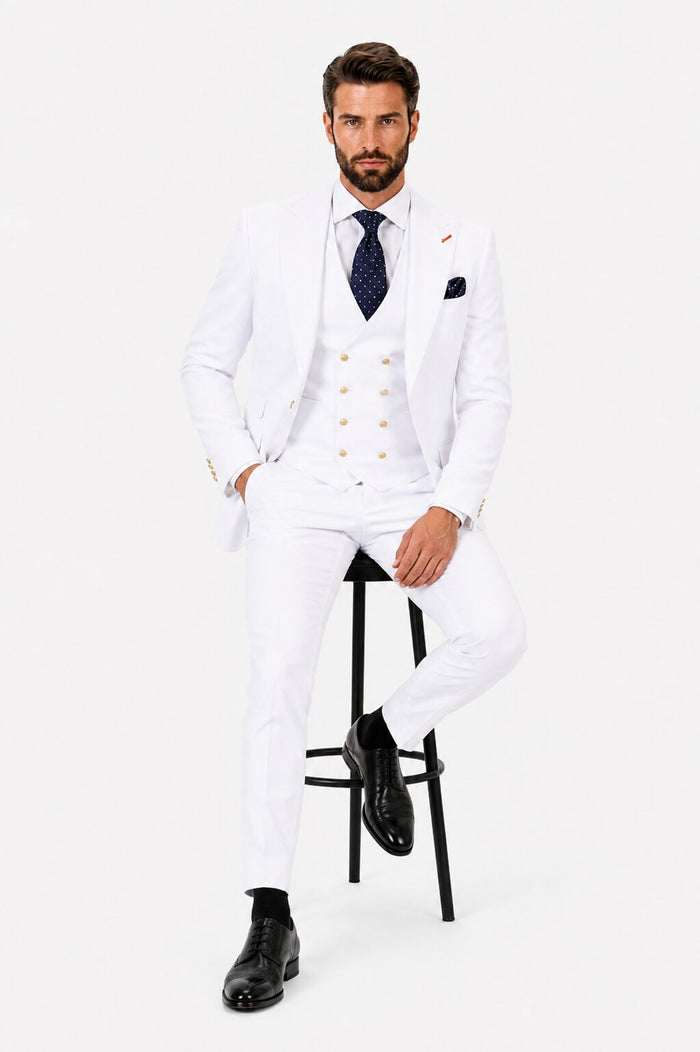 Men's White Statement Ticket Pocket Peak Lapel Wool Double Breasted Vest Suit with Gold Buttons – Modern Fit