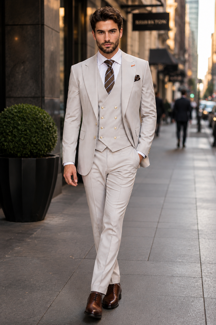 Men's Ash Statement Ticket Pocket Peak Lapel Wool Double Breasted Vest Suit with Gold Buttons – Modern Fit