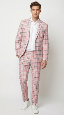 Mens Pink and Black Plaid Designer Suit Set – Stylish Suit with Check Pattern Jacket and Windownpane Summer Color