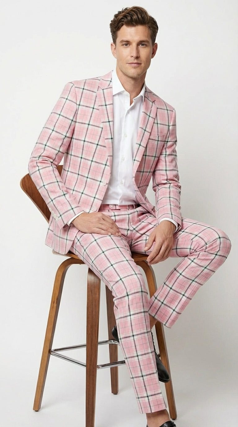 Mens Pink and Black Plaid Designer Suit Set – Stylish Suit with Check Pattern Jacket and Windownpane Summer Color