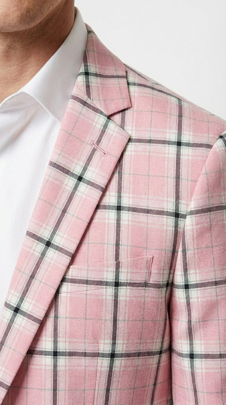 Mens Pink and Black Plaid Designer Suit Set – Stylish Suit with Check Pattern Jacket and Windownpane Summer Color
