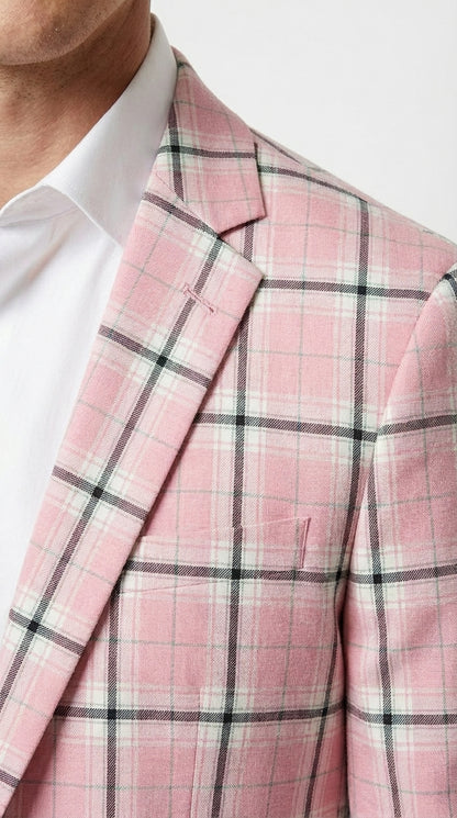 Mens Pink and Black Plaid Designer Suit Set – Stylish Suit with Check Pattern Jacket and Windownpane Summer Color