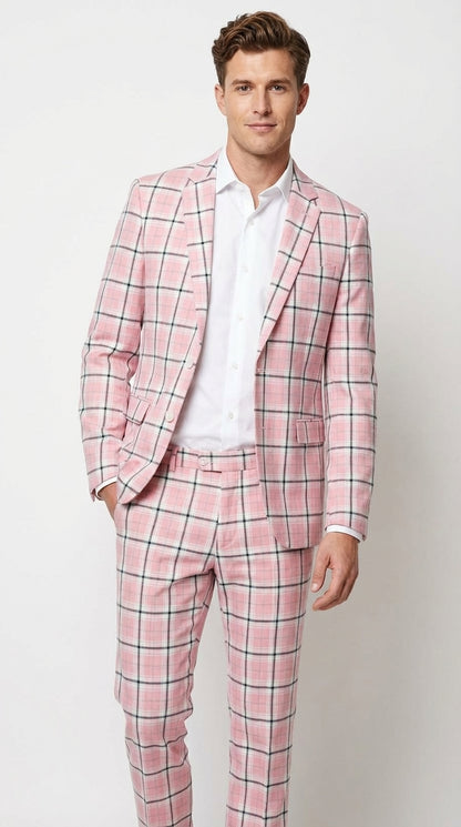 Mens Pink and Black Plaid Designer Suit Set – Stylish Suit with Check Pattern Jacket and Windownpane Summer Color