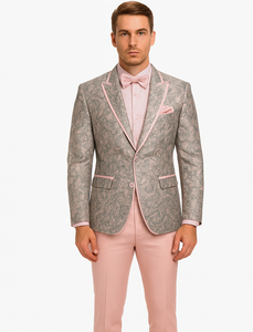 Mens Pink and Grey Floral Tuxedo with Satin Trim – Prom and Wedding Suit with Bow Tie and Flower Pin