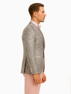 Mens Pink and Grey Floral Tuxedo with Satin Trim – Prom and Wedding Suit with Bow Tie and Flower Pin