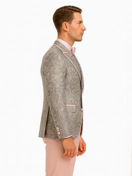 Mens Pink and Grey Floral Tuxedo with Satin Trim – Prom and Wedding Suit with Bow Tie and Flower Pin