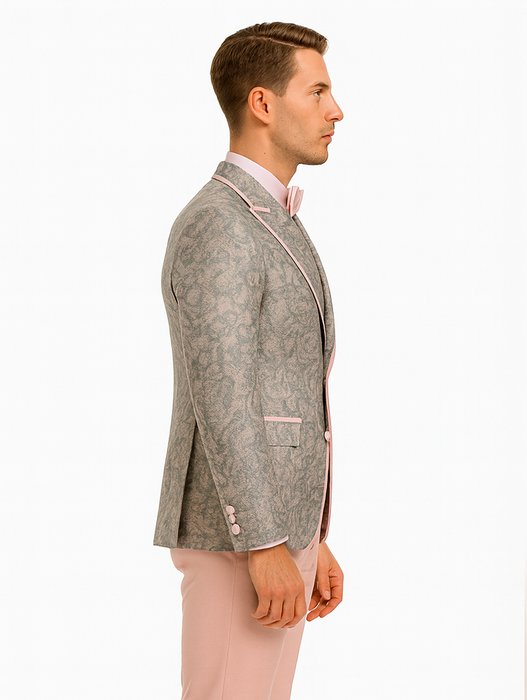 Mens Pink and Grey Floral Tuxedo with Satin Trim – Prom and Wedding Suit with Bow Tie and Flower Pin