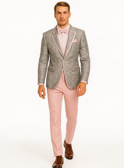 Mens Pink and Grey Floral Tuxedo with Satin Trim – Prom and Wedding Suit with Bow Tie and Flower Pin