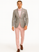 Mens Pink and Grey Floral Tuxedo with Satin Trim – Prom and Wedding Suit with Bow Tie and Flower Pin