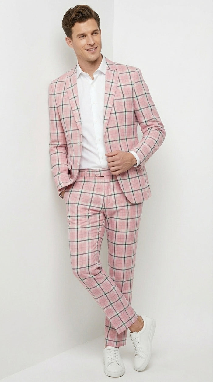 Mens Pink and Black Plaid Designer Suit Set – Stylish Suit with Check Pattern Jacket and Windownpane Summer Color Modern Fit
