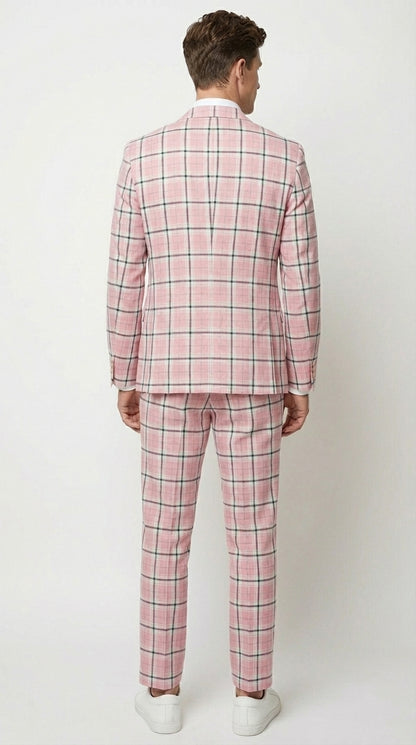 Mens Pink and Black Plaid Designer Suit Set – Stylish Suit with Check Pattern Jacket and Windownpane Summer Color