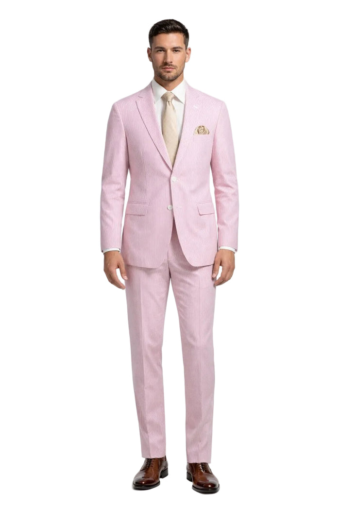 Modern Fit Summer 2 Piece 2 Button Suit Striped Seersucker in Navy