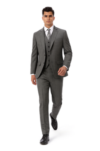 Mens Plaid Suit 2 button Vested windowpane  Pant Suit Charcoal - Three Piece Suit