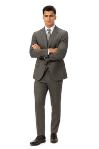 Mens Plaid Suit 2 button Vested windowpane  Pant Suit Charcoal - Three Piece Suit