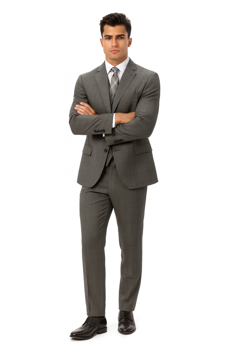 Mens Plaid Suit 2 button Vested windowpane  Pant Suit Charcoal - Three Piece Suit