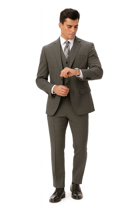Mens Plaid Suit 2 button Vested windowpane  Pant Suit Charcoal - Three Piece Suit
