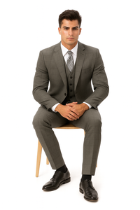 Mens Plaid Suit 2 button Vested windowpane  Pant Suit Charcoal - Three Piece Suit