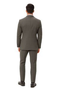 Mens Plaid Suit 2 button Vested windowpane  Pant Suit Charcoal - Three Piece Suit