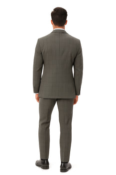 Mens Plaid Suit 2 button Vested windowpane  Pant Suit Charcoal - Three Piece Suit