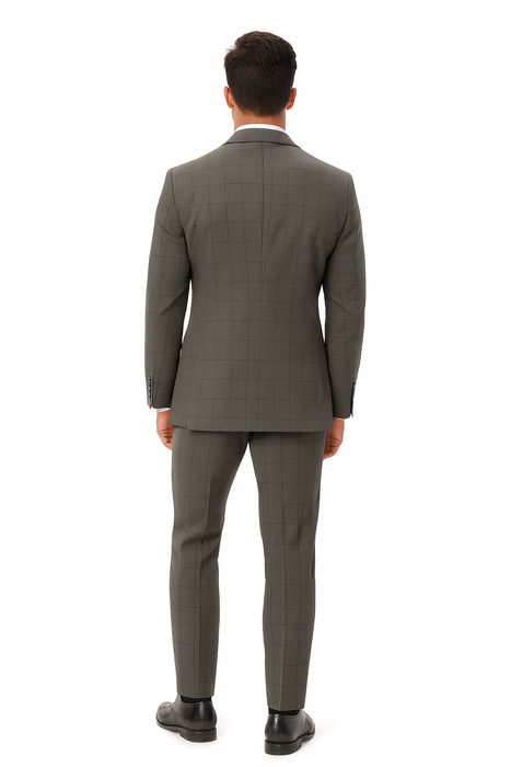 Mens Plaid Suit 2 button Vested windowpane  Pant Suit Charcoal - Three Piece Suit