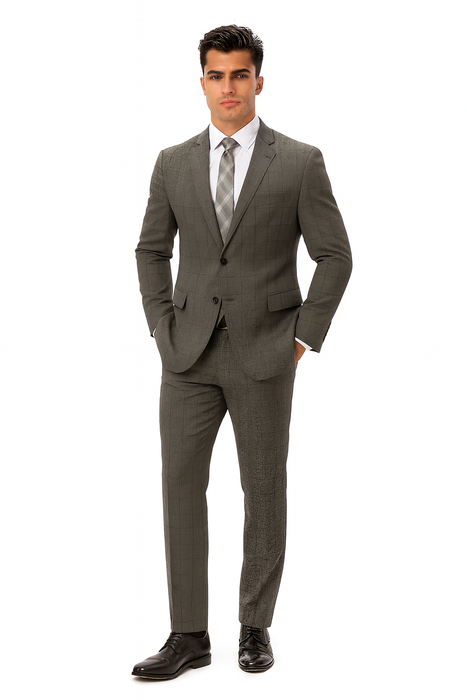 Mens Plaid Suit 2 button Vested windowpane  Pant Suit Charcoal - Three Piece Suit
