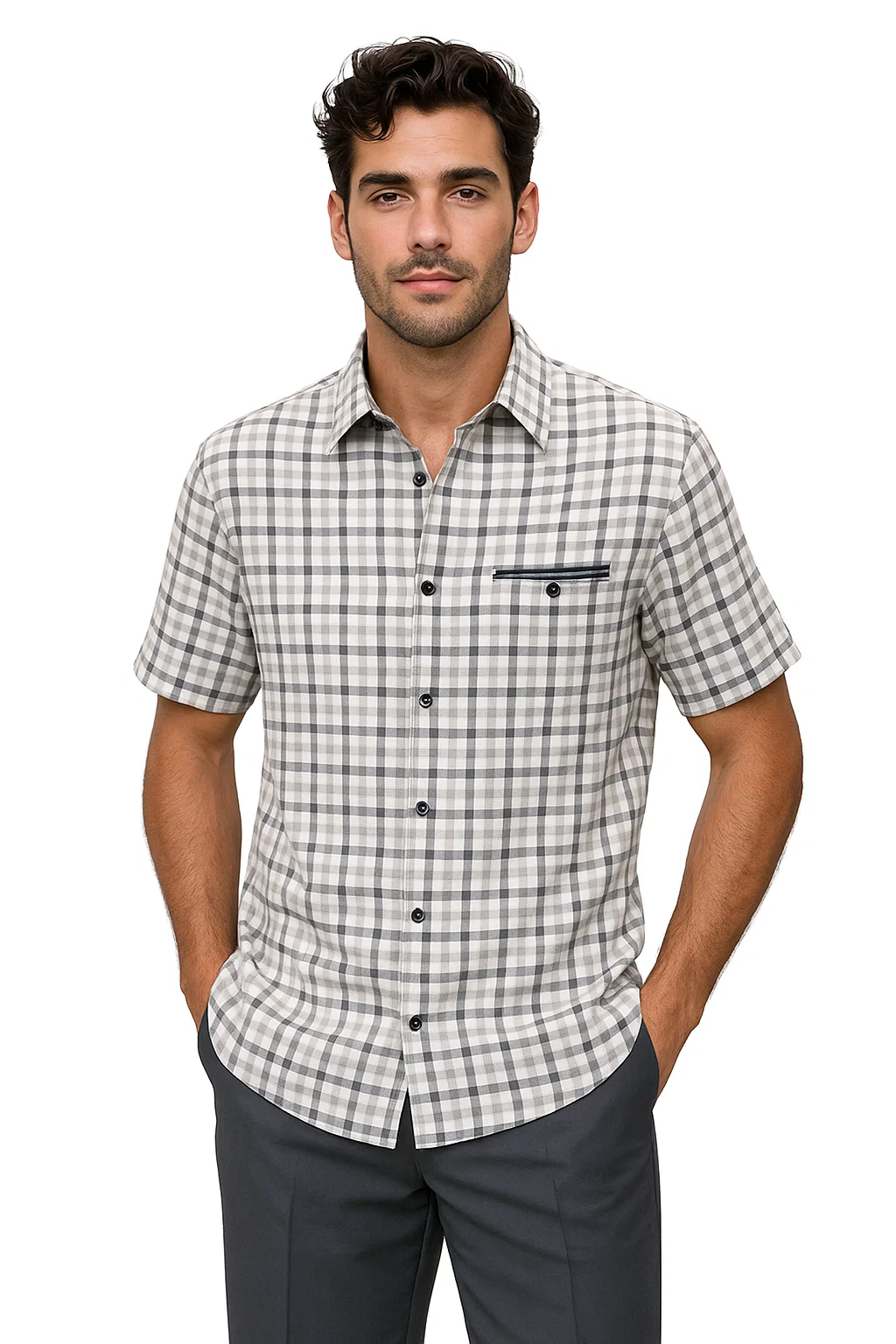 Mens Plaid Walking Suit in grey  by Dreams by Zacchi – 2 Piece Leisure Outfit with Matching Shirt and Pants - $99