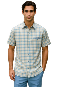 Mens Plaid Walking Suit in Powder Blue by Dreams by Zacchi – 2 Piece Leisure Outfit with Matching Shirt and Pants - $99