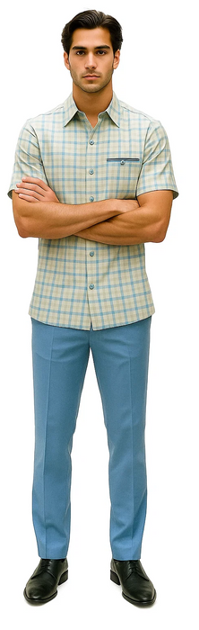 Mens Plaid Walking Suit in Powder Blue by Dreams by Zacchi – 2 Piece Leisure Outfit with Matching Shirt and Pants - $99