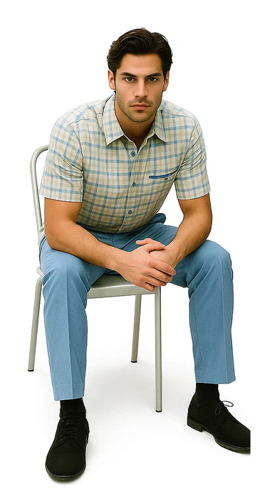 Mens Plaid Walking Suit in Powder Blue by Dreams by Zacchi – 2 Piece Leisure Outfit with Matching Shirt and Pants - $99
