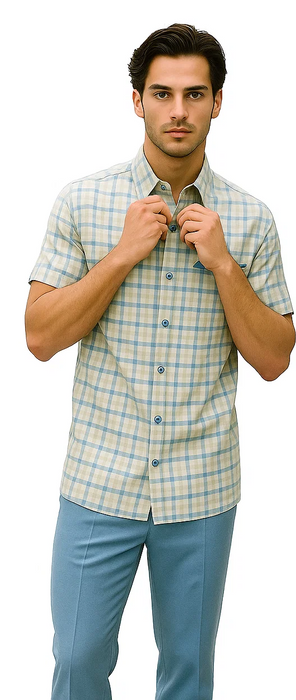 Mens Plaid Walking Suit in Powder Blue by Dreams by Zacchi – 2 Piece Leisure Outfit with Matching Shirt and Pants - $99