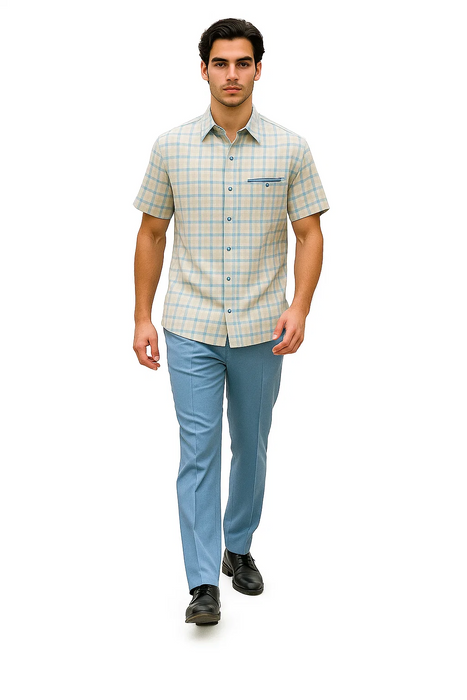 Mens Plaid Walking Suit in Powder Blue by Dreams by Zacchi – 2 Piece Leisure Outfit with Matching Shirt and Pants - $99