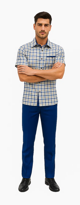 Mens Plaid Walking Suit in Royal by Dreams by Zacchi – 2 Piece Leisure Outfit with Matching Shirt and Pants - $99