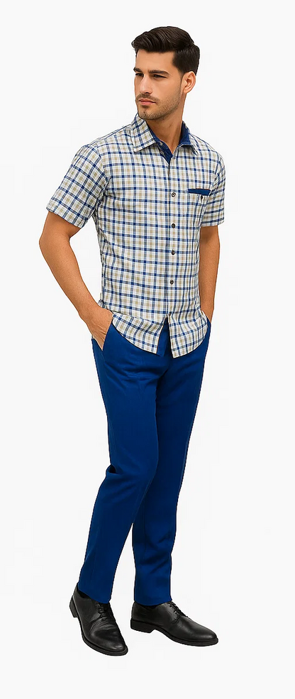 Mens Plaid Walking Suit in Royal by Dreams by Zacchi – 2 Piece Leisure Outfit with Matching Shirt and Pants - $99