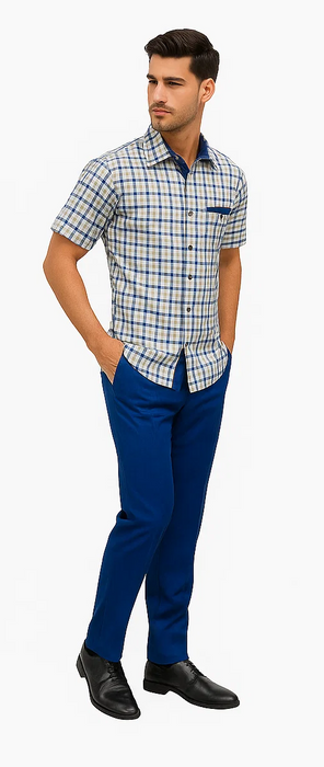 Mens Plaid Walking Suit in Royal by Dreams by Zacchi – 2 Piece Leisure Outfit with Matching Shirt and Pants - $99