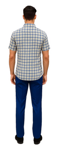 Mens Plaid Walking Suit in Royal by Dreams by Zacchi – 2 Piece Leisure Outfit with Matching Shirt and Pants - $99